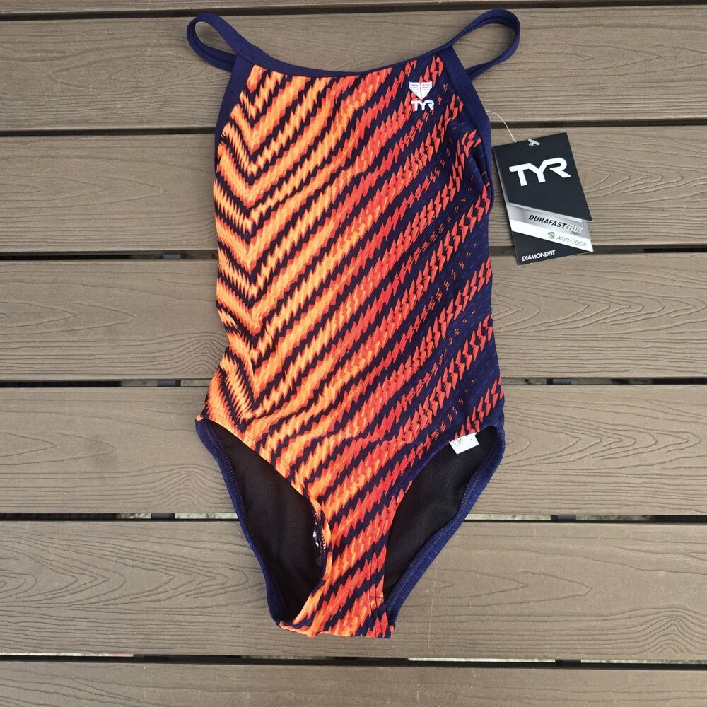 TYR Youth Girl's Durafast Elite Navy/Orange Diamondfit One Piece Swim Sz 24 New